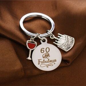 Women’s 60th Birthday Keychain, Featuring Creative Wine Glass & Birthday Cake.